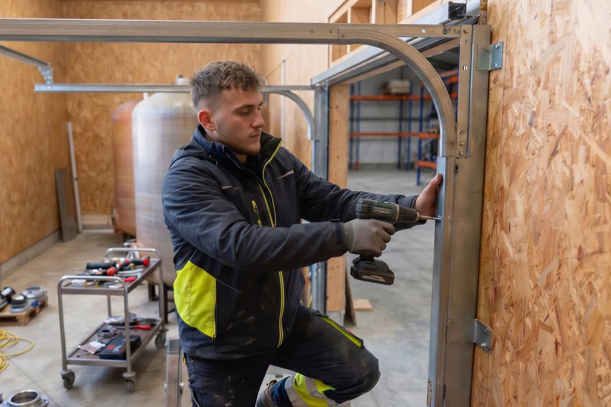 Technicien MET Groupe réalisant une installation de portail industriel sur chantier